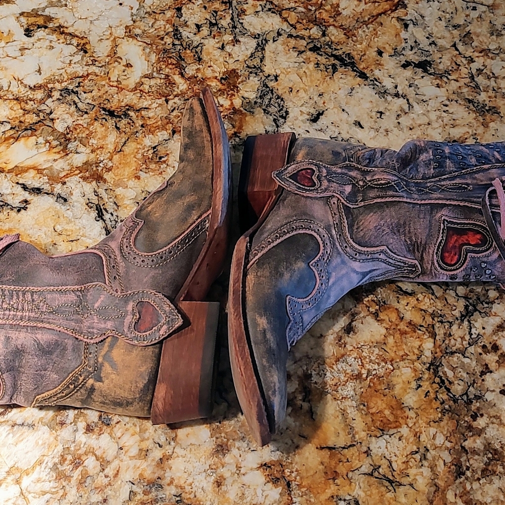 Dan Post Distressed Brown Leather Studded Western Heeled Boots - Picture 10 of 14